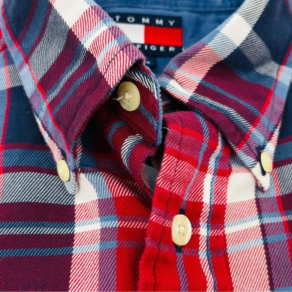 Tommy Hilfiger Navy, Red & White Flannel Checkered Button Down Shirt Size small - Picture 5 of 17